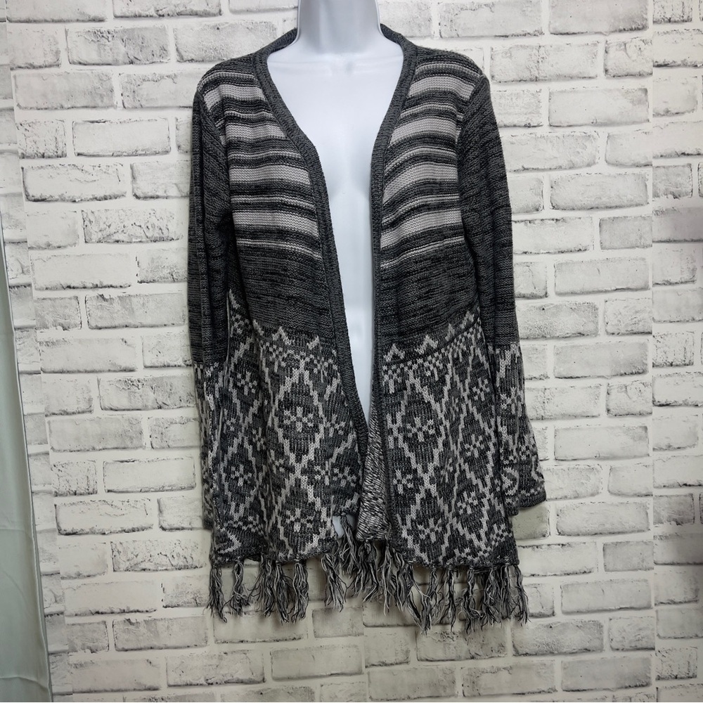 Allison Brittney Fringe Open Front Strip Aztec Print Cardigan Large